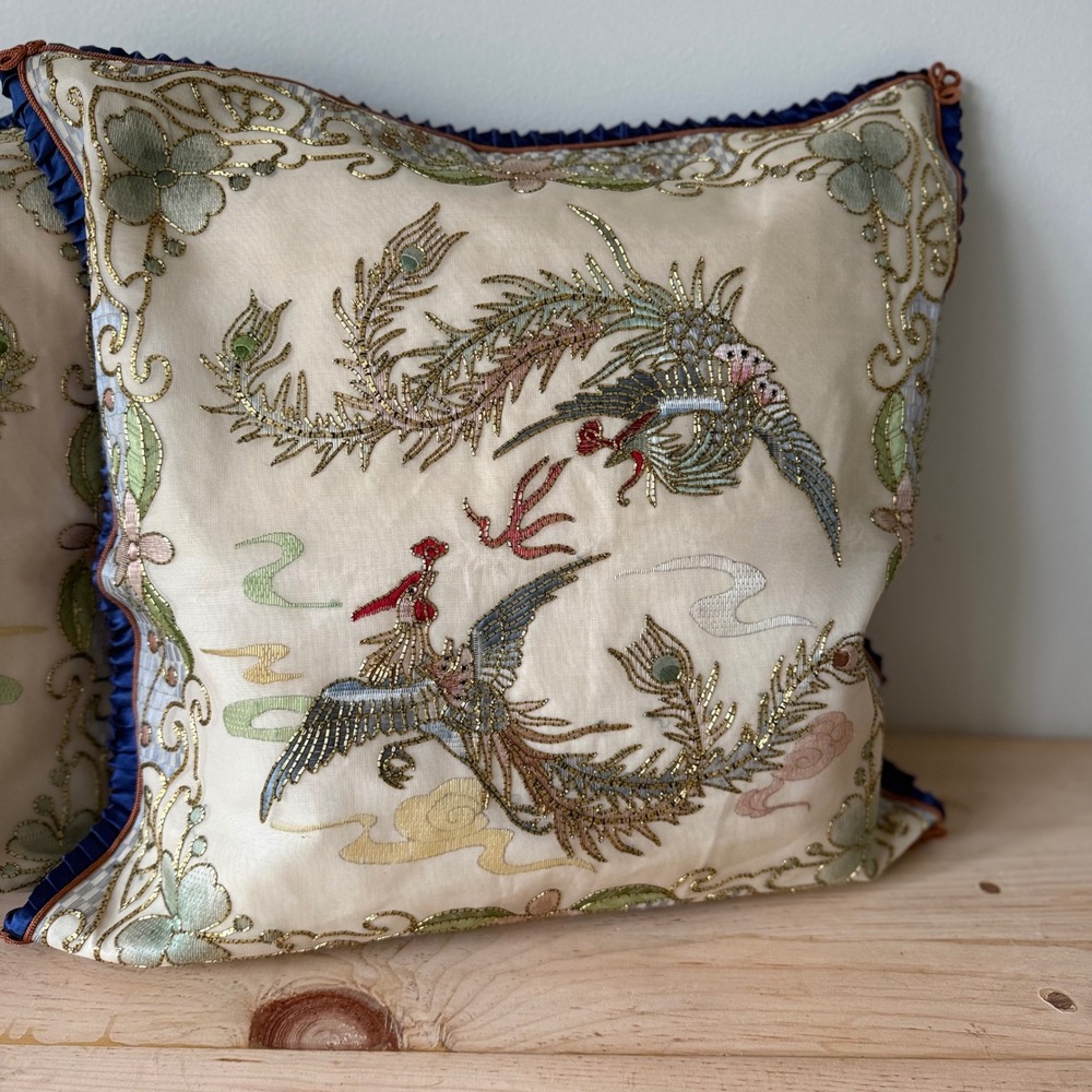 Vtg Golden Cloud Hand-Embroidered Bird Decorative Pillows Silk Blend Blue Trim